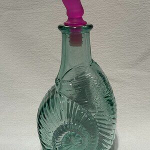 Vintage Green Glass Seashell Shape Decanter Bottle Bud Vase With Crystal Stopper